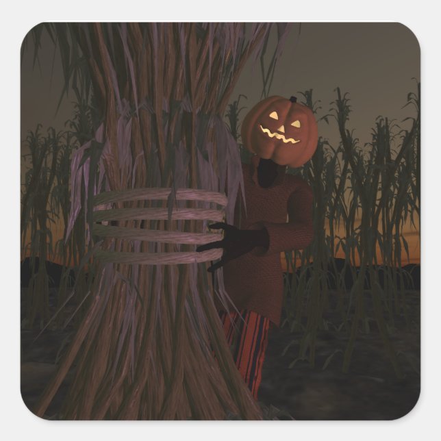Spooky Pumpkin Head Scarecrow Quadratischer Aufkleber (Vorderseite)
