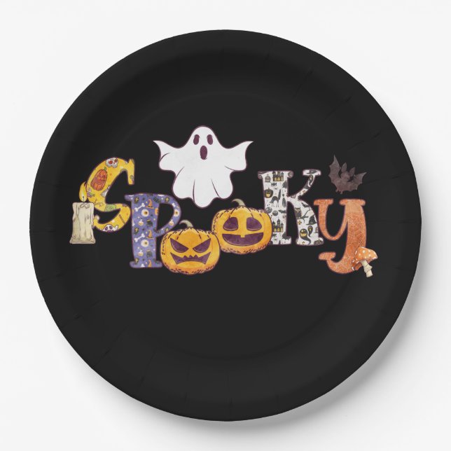 Spooky Pumpkin Mushroom Ghost Bat Halloween Pappteller (Vorderseite)