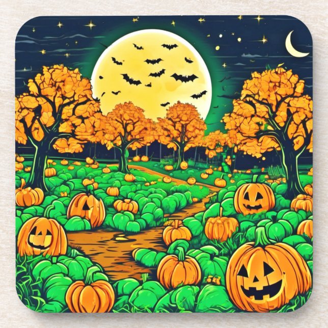 Spooky Pumpkin Patch: Cartoon Night Getränkeuntersetzer (Vorderseite)