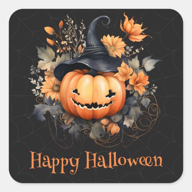 Spooky Pumpkin Web Black Orange Happy Halloween Quadratischer Aufkleber (Vorderseite)