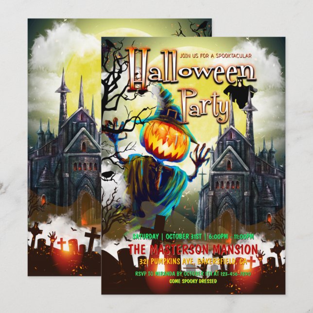 Spooky Pumpkins, Friedhof, Geisterhaus Halloween-P Einladung (Vorne/Hinten)