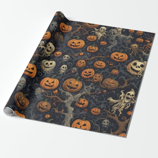 Spooky Pumpkins und Beängstigende Geister Geschenkpapier (Ungerollt)