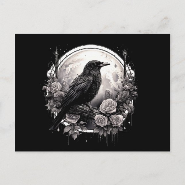 Spooky Raven Crow, Moon & Rose Gothic Illustration Postkarte (Vorderseite)