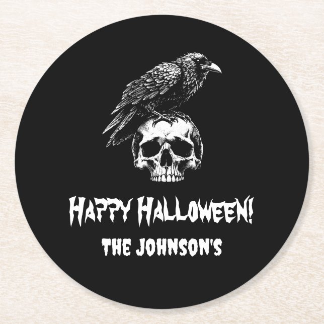 Spooky Raven Skull Halloween Paper Untersetzer (Vorderseite)