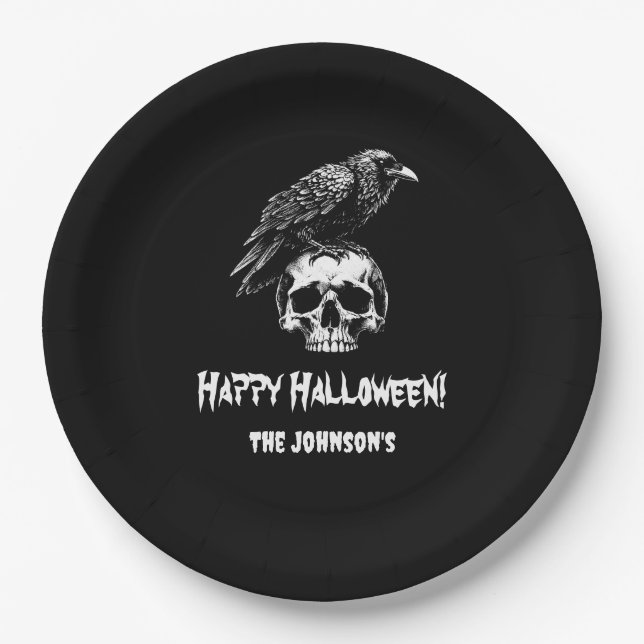Spooky Raven Skull Halloween Papierplatte Pappteller (Vorderseite)
