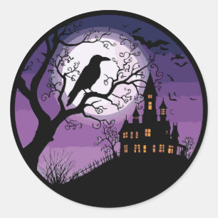 Spooky Raven und Spuk Herrenhaus Runder Aufkleber