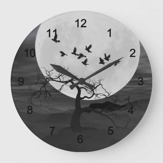 Spooky Ravens fliegen gegen den Vollmond Große Wanduhr (Vorderseite)