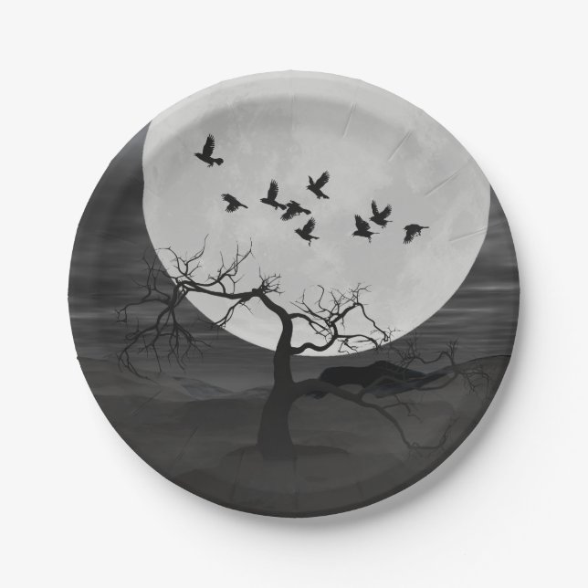 Spooky Ravens fliegen gegen den Vollmond Pappteller (Vorderseite)