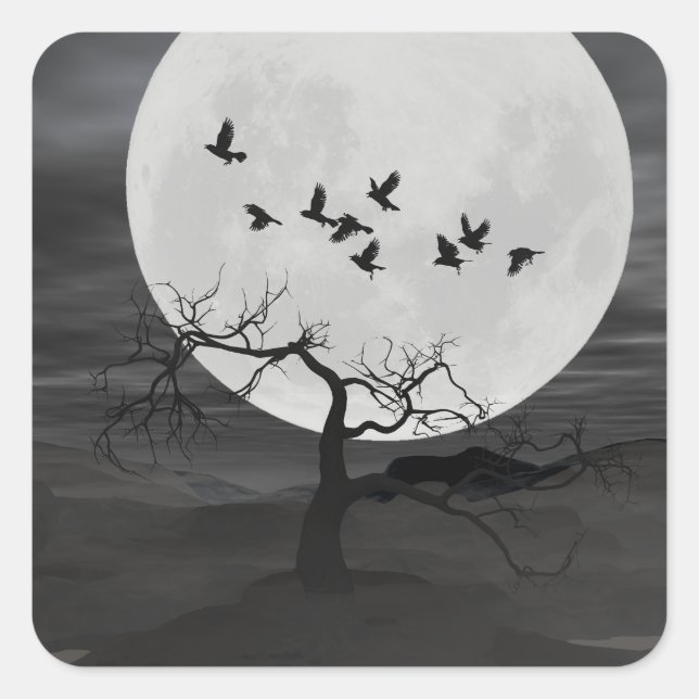 Spooky Ravens fliegen gegen den Vollmond Quadratischer Aufkleber (Vorderseite)