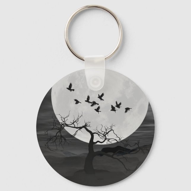 Spooky Ravens fliegen gegen den Vollmond Schlüsselanhänger (Vorderseite)