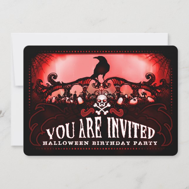 Spooky Red & Black Raven Halloween Party Einladung (Vorderseite)