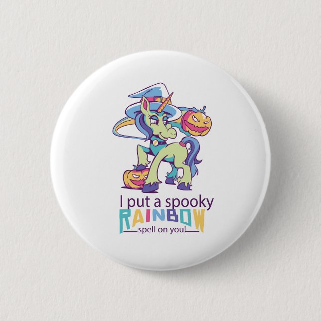 Spooky-Regenbogenzauber Halloween-Einhornhexe Button (Vorderseite)