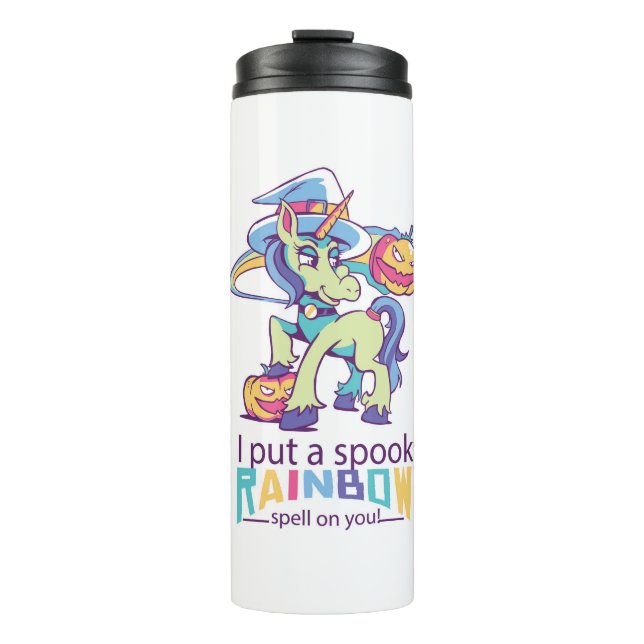 Spooky-Regenbogenzauber Halloween-Einhornhexe Thermosbecher (Vorderseite)