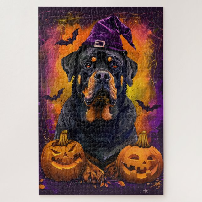 Spooky Rottweiler Hund Halloween Hexe und Pumpkin (Vertikal)