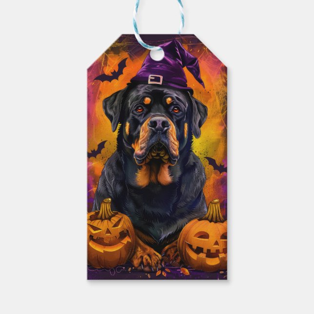 Spooky Rottweiler Hund Halloween Hexe und Pumpkin Geschenkanhänger (Vorderseite)