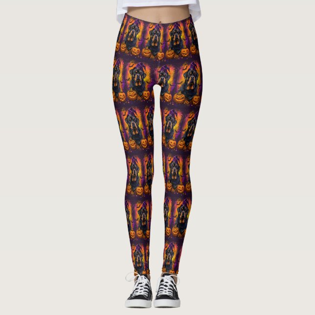 Spooky Rottweiler Hund Halloween Hexe und Pumpkin Leggings (Vorderseite)