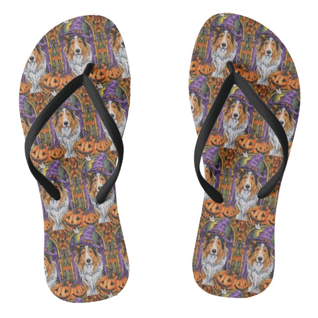 Spooky Rough Collie Dog Halloween Hexenkürbis Flip Flops (Fußbett)