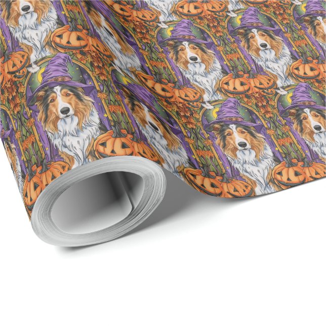 Spooky Rough Collie Dog Halloween Hexenkürbis Geschenkpapier (Rolleneckpunkt)