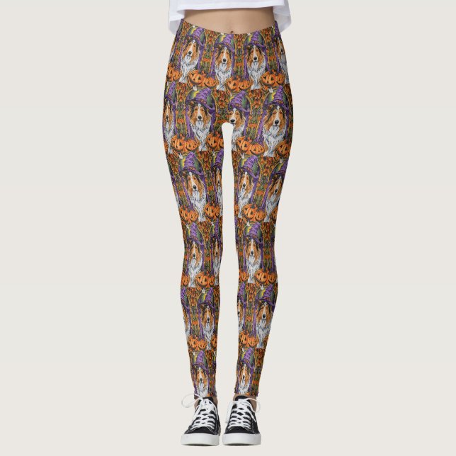 Spooky Rough Collie Dog Halloween Hexenkürbis Leggings (Vorderseite)