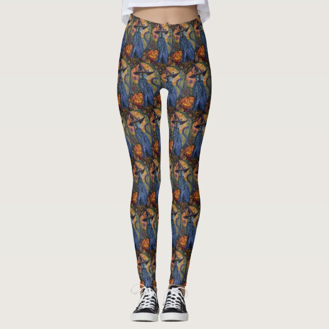 Spooky Russian Blue Cat Halloween Hexenkürbis Leggings (Vorderseite)