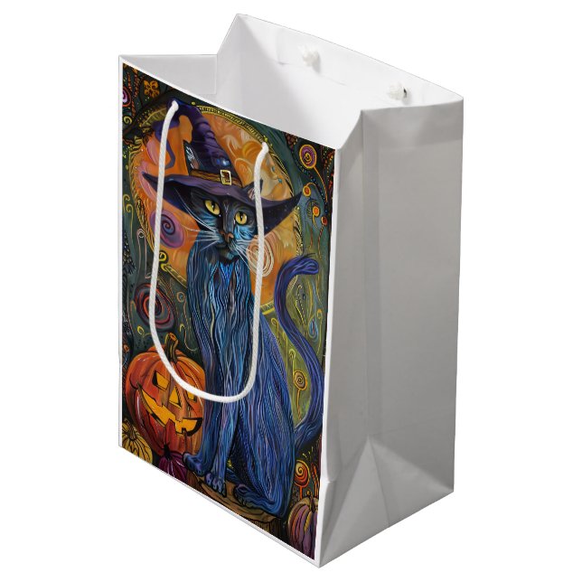 Spooky Russian Blue Cat Halloween Hexenkürbis Mittlere Geschenktüte (Vorderseite Schrägansicht)