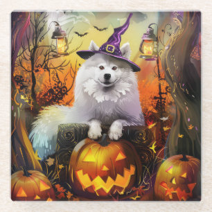 Spooky Samoyed Hund Halloween Hexe und Kürbiskröte Glasuntersetzer