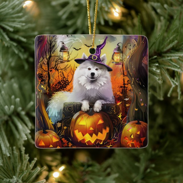 Spooky Samoyed Hund Halloween Hexe und Kürbiskröte Keramikornament (Baum)