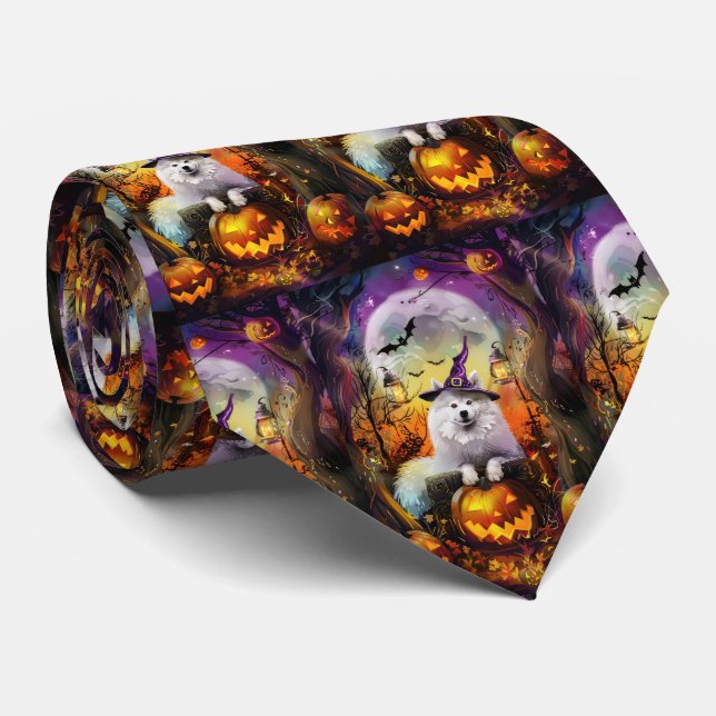 Spooky Samoyed Hund Halloween Hexe und Kürbiskröte Krawatte (Gerollt)