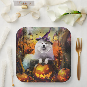 Spooky Samoyed Hund Halloween Hexe und Kürbiskröte Pappteller