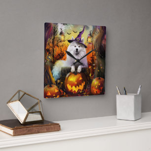 Spooky Samoyed Hund Halloween Hexe und Kürbiskröte Quadratische Wanduhr