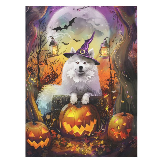 Spooky Samoyed Hund Halloween Hexe und Kürbiskröte Tischdecke (Vorderseite)