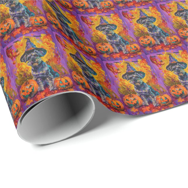 Spooky Schnauzer Hund Halloween Hexe und Pumpkin Geschenkpapier (Rolleneckpunkt)