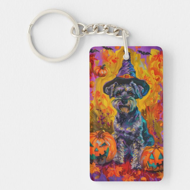 Spooky Schnauzer Hund Halloween Hexe und Pumpkin Schlüsselanhänger (Vorderseite)