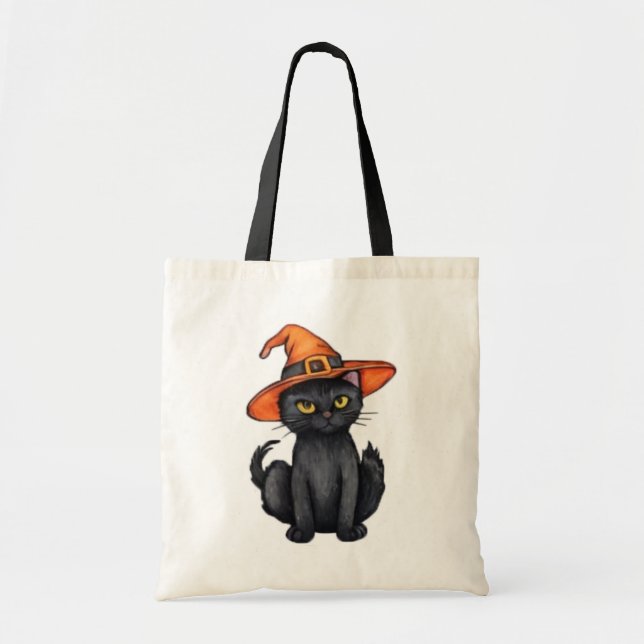Spooky schwarze Katze mit Hexenhut Halloween Tragetasche (Vorne)