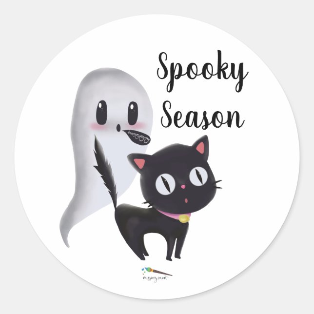 Spooky Season | Black Halloween Cat Runder Aufkleber (Vorderseite)