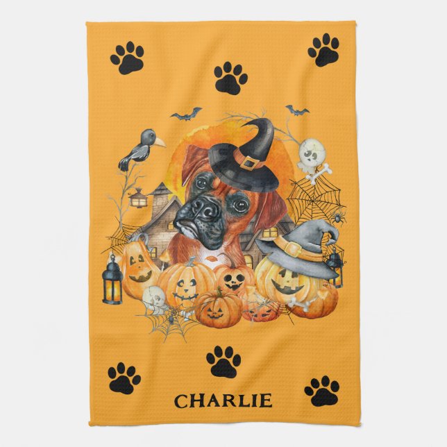 Spooky Season Boxer Halloween Pumpkin Custom Hund Geschirrtuch (Vertikal)