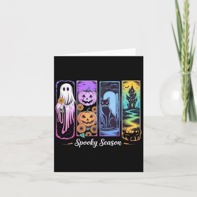 Spooky Season Ghost Kat Kürbis in Frame Halloween Karte (Vorderseite)