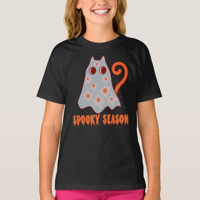 Spooky Season Groovy Ghost Cat Halloween T-Shirt (Vorderseite)