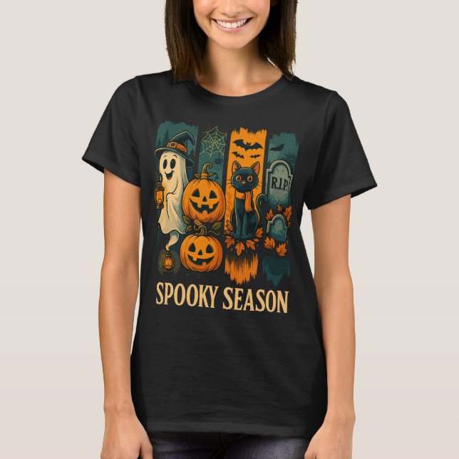 Spooky Season Halloween - Geist, Pumpkins, Katze T-Shirt (Vorderseite)