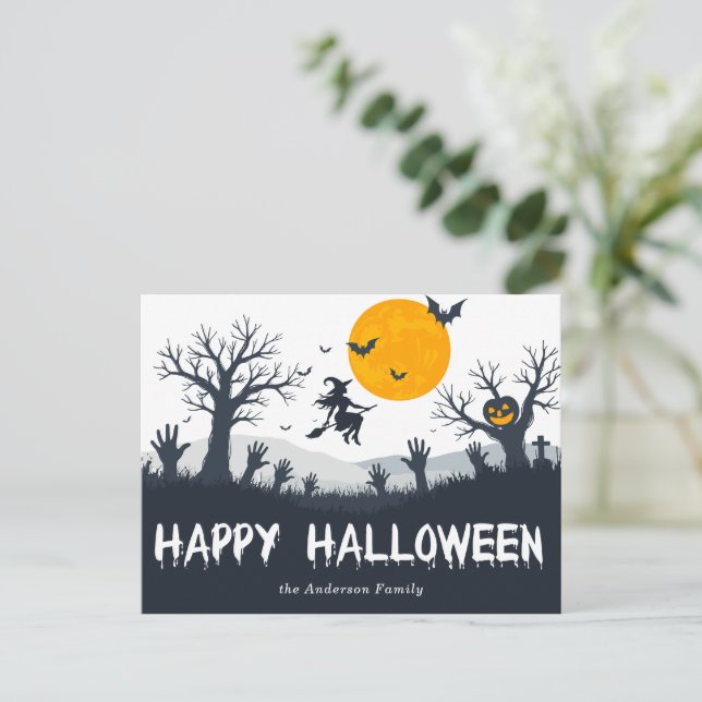 Spooky Season Happy Halloween Hexenmeister Pumpkin Postkarte (Stehend Vorderseite)
