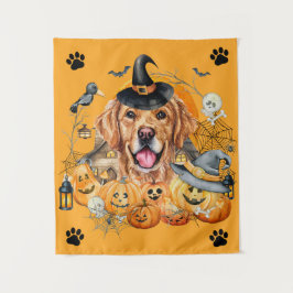 Spooky Season Pumpkin Golden Retriever Halloween Wandteppich