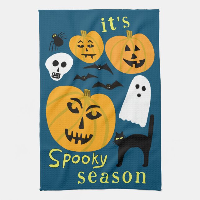Spooky Season Pumpkins Ghost Bat HAPPY HALLOWEEN Geschirrtuch (Vertikal)
