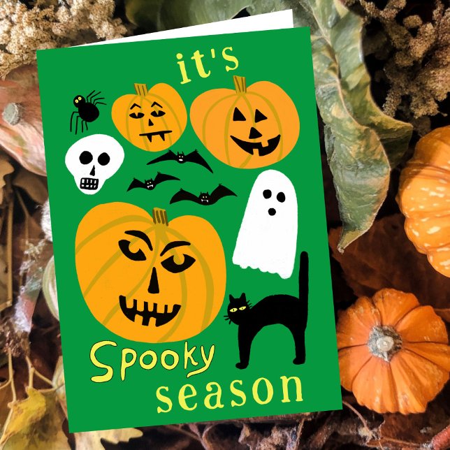 Spooky Season Pumpkins Ghost Bat HAPPY HALLOWEEN Karte (Spooky Season Pumpkins Ghost Bat HAPPY HALLOWEEN Autumn October Fall Cute Hand-drawn Card
)