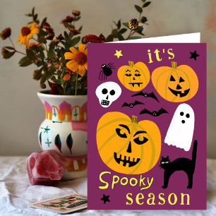 Spooky Season Pumpkins Ghost Bat HAPPY HALLOWEEN Karte