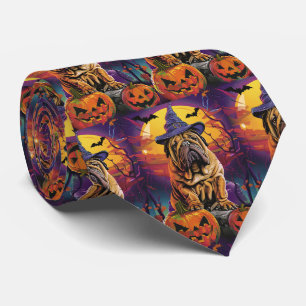 Spooky Shar Pei Hund Halloween Hexe und Pumpkin Krawatte