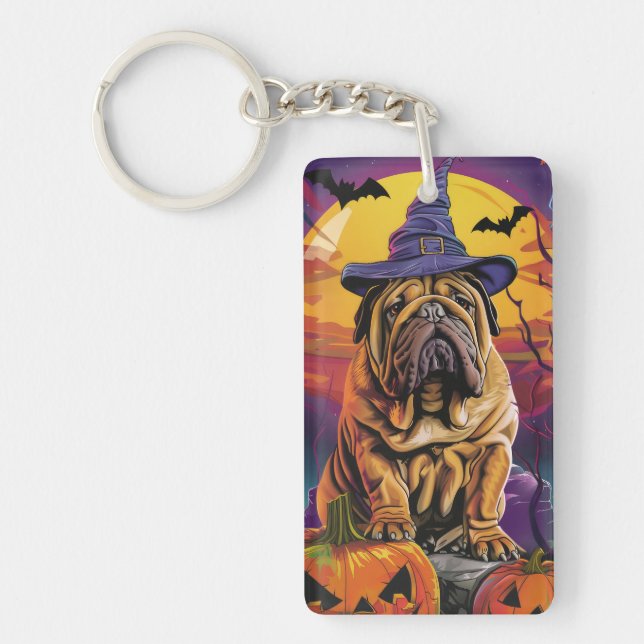 Spooky Shar Pei Hund Halloween Hexe und Pumpkin Schlüsselanhänger (Vorderseite)