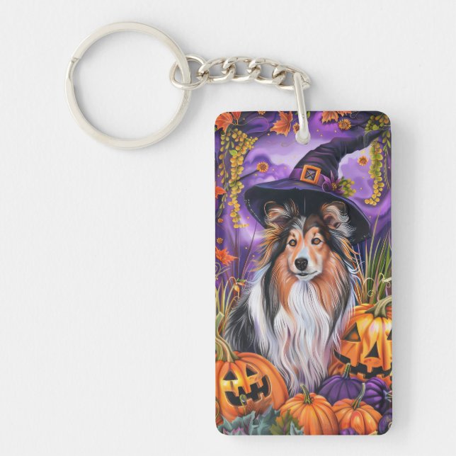 Spooky Shetland Sheepdog Halloween Hexenkürbis Schlüsselanhänger (Vorderseite)