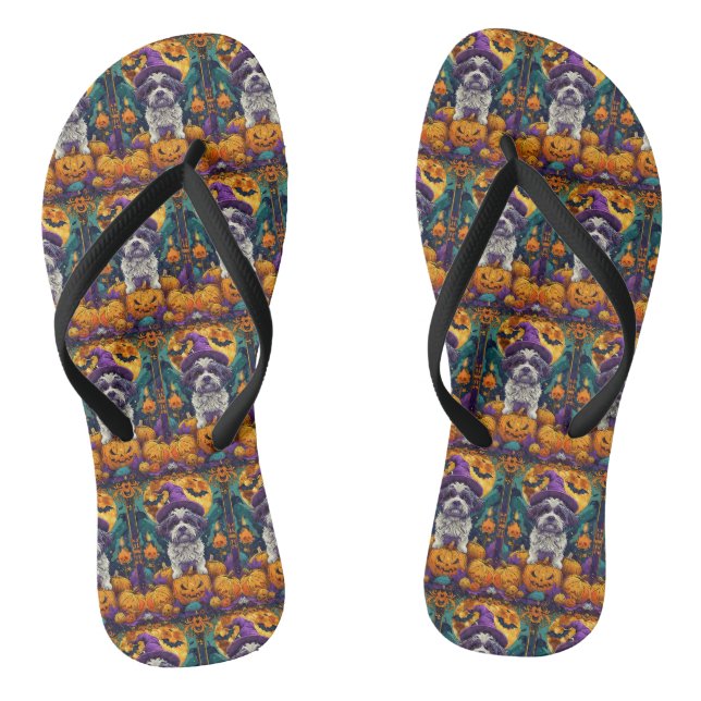 Spooky Shih Tzu Hund Halloween Hexe und Pumpkin Flip Flops (Fußbett)