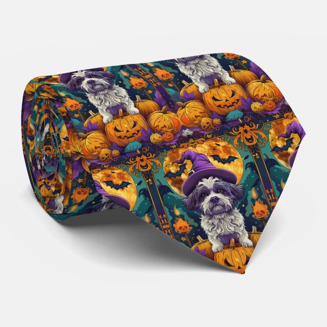Spooky Shih Tzu Hund Halloween Hexe und Pumpkin Krawatte (Gerollt)