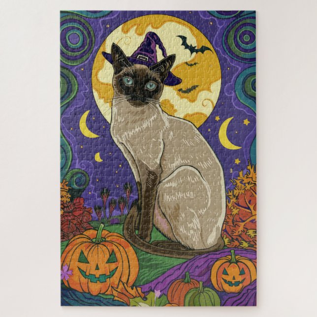 Spooky Siam Cat Halloween Hexe und Kürbis (Vertikal)